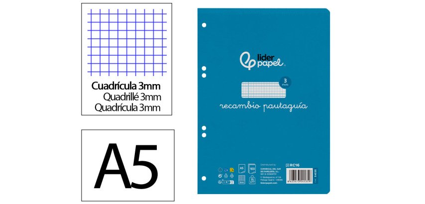 Recambio liderpapel 4º / A5+ pautaguia 100 hojas 75 g cuadriculado pautado 3 mm con margen 6 taladros