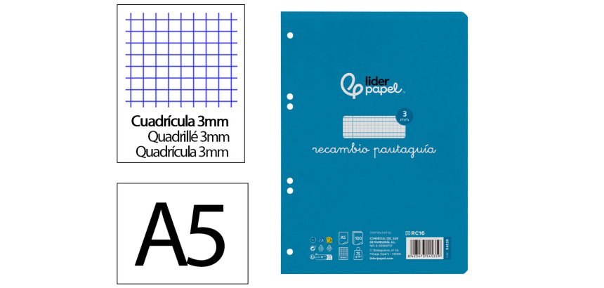 Recambio liderpapel 4º / A5+ pautaguia 100 hojas 75 g cuadriculado pautado 3 mm con margen 6 taladros