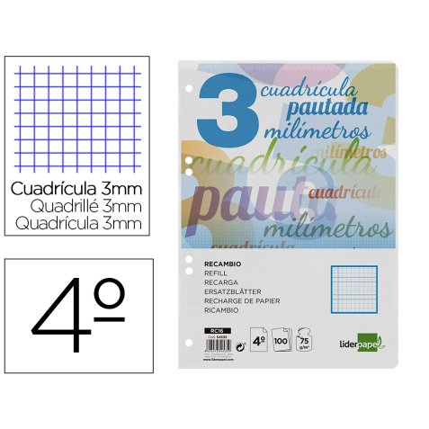 Recambio liderpapel 4º / A5+ pautaguia 100 hojas 75 g cuadriculado pautado 3 mm con margen 6 taladros