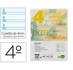 Recambio liderpapel 4º / A5+ pautaguia 100 hojas 75 g cuadriculado pautado 4 mm con margen 6 taladros