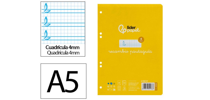 Recambio liderpapel 4º / A5+ pautaguia 100 hojas 75 g cuadriculado pautado 4 mm con margen 6 taladros