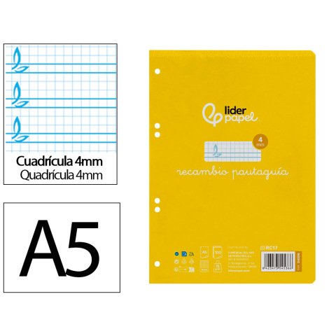 Recambio liderpapel 4º / A5+ pautaguia 100 hojas 75 g cuadriculado pautado 4 mm con margen 6 taladros