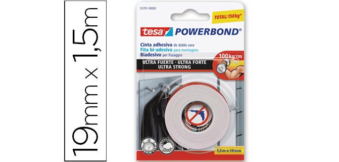 Cinta adhesiva tesa doble cara ultra strong extrafuerte para interior y exterior 1,5m x19mm
