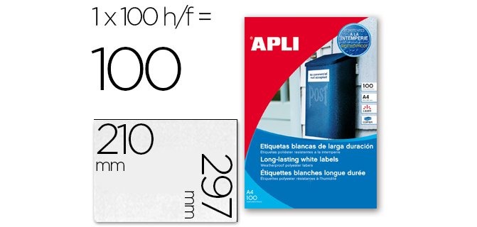 Etiqueta adhesiva apli poliester 210x297 mm resistente a la interperie laser pack de 100 hojas