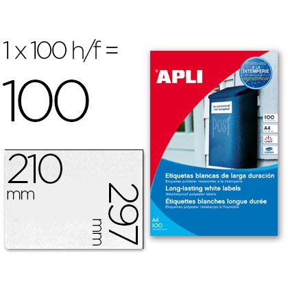 Etiqueta adhesiva apli poliester 210x297 mm resistente a la interperie laser pack de 100 hojas