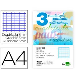 Recambio liderpapel A4 pautaguia 100 hojas 75 g cuadrícula pautado 3 mm con margen 4 taladros