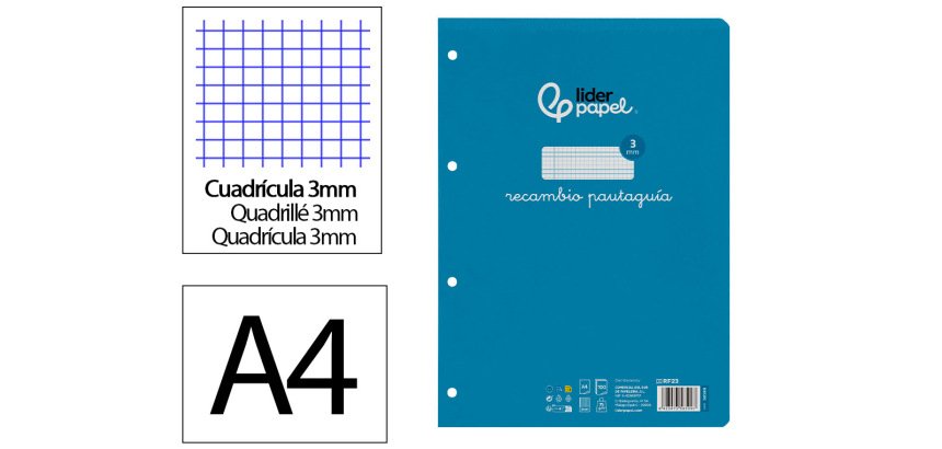 Recambio liderpapel A4 pautaguia 100 hojas 75 g cuadrícula pautado 3 mm con margen 4 taladros