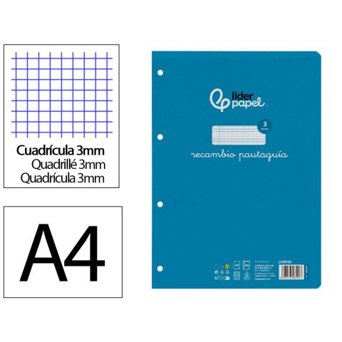 Recambio liderpapel A4 pautaguia 100 hojas 75 g cuadrícula pautado 3 mm con margen 4 taladros