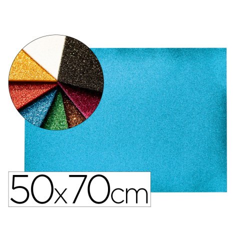 Goma eva con purpurina biodegradable liderpapel 50x70cm 60g/m2 espesor 2 mm azul claro