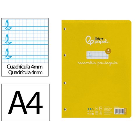 Recambio liderpapel A4 pautaguia 100 hojas 75 g cuadriculado pautado 4 mm con margen 4 taladros