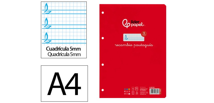 Recambio liderpapel a4 pautaguia 100 hojas 75gr cuadriculado pautado 5mm con margen 4 taladros