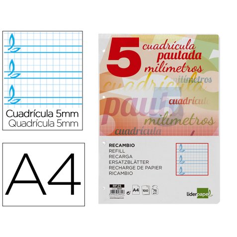 Recambio liderpapel a4 pautaguia 100 hojas 75 g cuadriculado pautado 5mm con margen 4 taladros