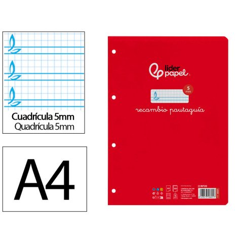 Recambio liderpapel a4 pautaguia 100 hojas 75gr cuadriculado pautado 5mm con margen 4 taladros