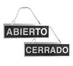 Letrero de aluminio serigrafiado abierto y cerrado con cadena y ventosa para colgar 232x74 mm