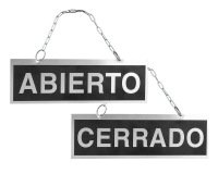 Letrero de aluminio serigrafiado abierto y cerrado con cadena y ventosa para colgar 232x74 mm