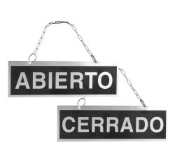Letrero de aluminio serigrafiado abierto y cerrado con cadena y ventosa para colgar 232x74 mm