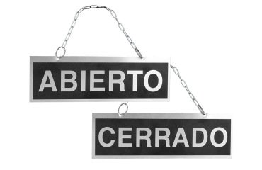 Letrero de aluminio serigrafiado abierto y cerrado con cadena y ventosa para colgar 232x74 mm