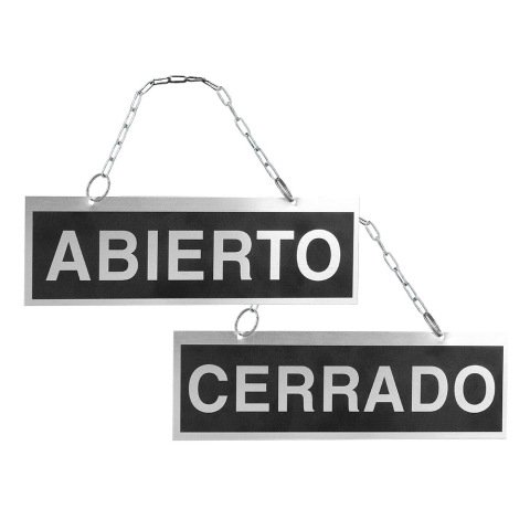 Letrero de aluminio serigrafiado abierto y cerrado con cadena y ventosa para colgar 232x74 mm