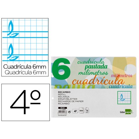 Recambio liderpapel 4º / A5+ apaisado pautaguia 100 hojas 75 g cuadriculado pautado 6 mm con margen 2 taladros