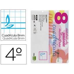 Recambio liderpapel 4º / A5+ apaisado pautaguia 100 hojas 75 g cuadrícula pautado 8 mm con margen 2 taladros