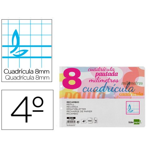 Recambio liderpapel 4º / A5+ apaisado pautaguia 100 hojas 75 g cuadrícula pautado 8 mm con margen 2 taladros