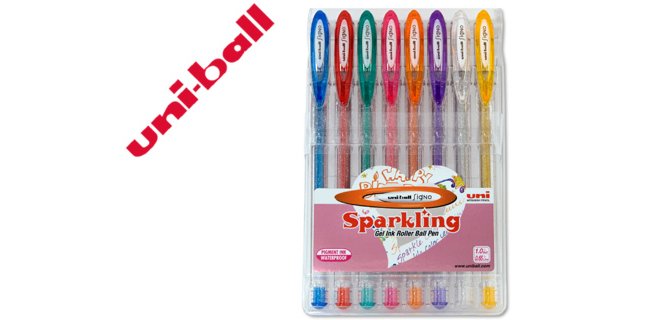 Boligrafo uni ball um-120 signo 1 mm tinta gel estuche de 8 colores con purpurina