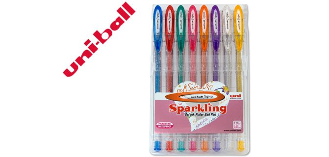 Boligrafo uni ball um-120 signo 1 mm tinta gel estuche de 8 colores con purpurina