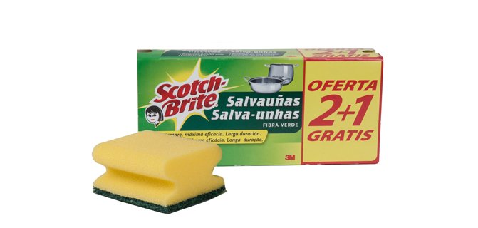 Estropajo salvauñas scotch brite fibra verde paquete 2+1 gratis