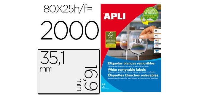Etiqueta adhesiva apli 35,6x16,9 mm fotocopiadora laser inkjet caja 25 hojas din a4 con 2000 etiquetas