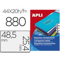 Etiqueta adhesiva apli transparente 48,5x25,4 mm fotocopia laser inkjet caja 20 hojas din a4 con 880