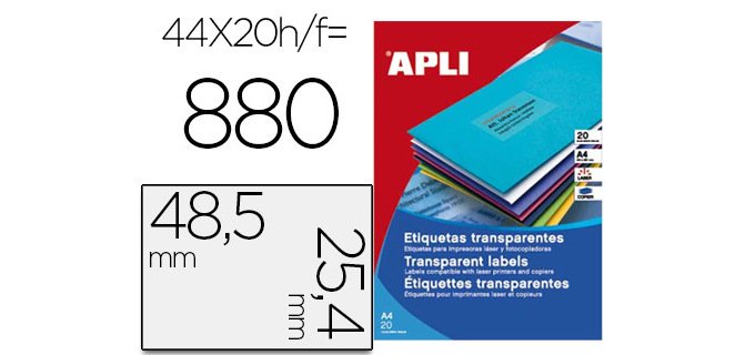 Etiqueta adhesiva apli transparente 48,5x25,4 mm fotocopia laser inkjet caja 20 hojas din a4 con 880