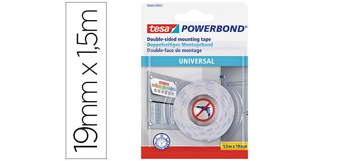 Cinta adhesiva tesa doble cara powerbond universal uso interior 1,5 m x 19 mm