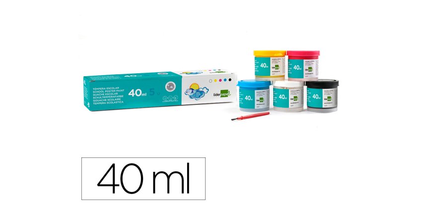 Tempera escolar liderpapel 40 ml caja 5 colores surtidos + pincel