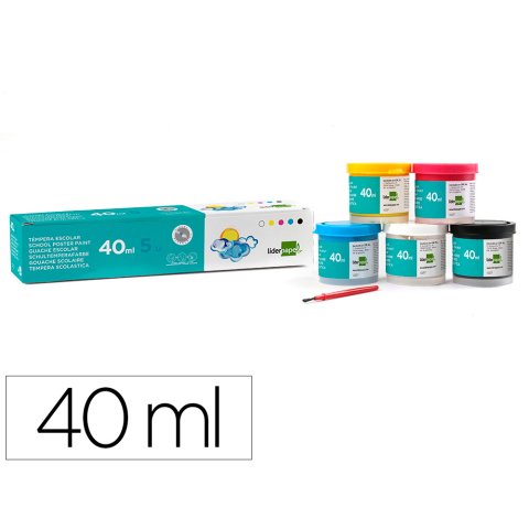 Tempera escolar liderpapel 40 ml caja 5 colores surtidos + pincel