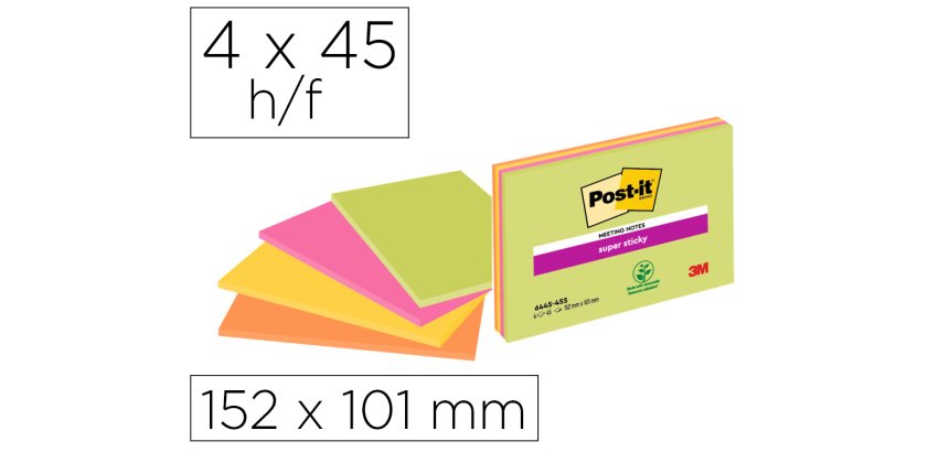 Bloc de notas adhesivas quita y pon post-it super sticky 152x101 mm con 45 hojas pack de 4 unidades colores neon