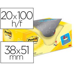Bloc de notas adhesivas quita y pon post-it amarillo canario 38x51 mm pack promocional 16+4 gratis