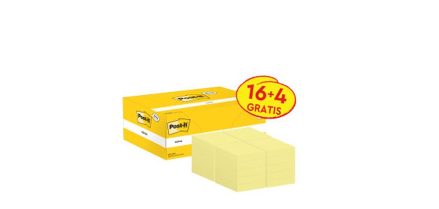Bloc de notas adhesivas quita y pon post-it amarillo canario 38x51 mm pack promocional 16+4 gratis