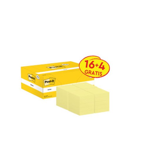Bloc de notas adhesivas quita y pon post-it amarillo canario 38x51 mm pack promocional 16+4 gratis