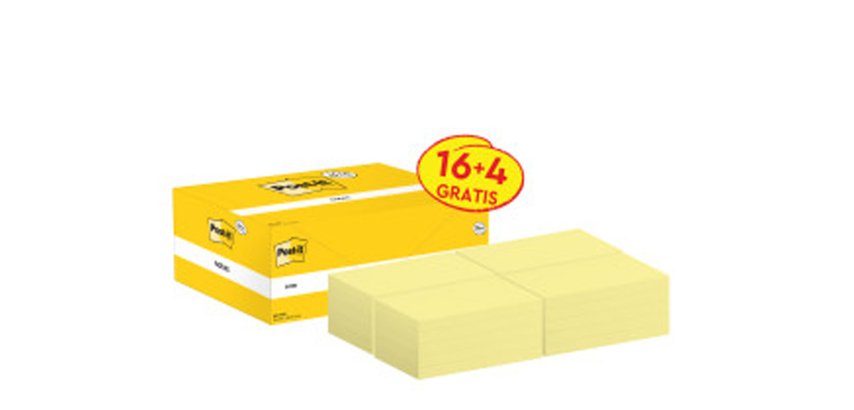 Bloc de notas adhesivas quita y pon post-it amarillo canario 76x127 mm pack promocional 16+4 gratis