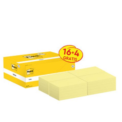 Bloc de notas adhesivas quita y pon post-it amarillo canario 76x127 mm pack promocional 16+4 gratis