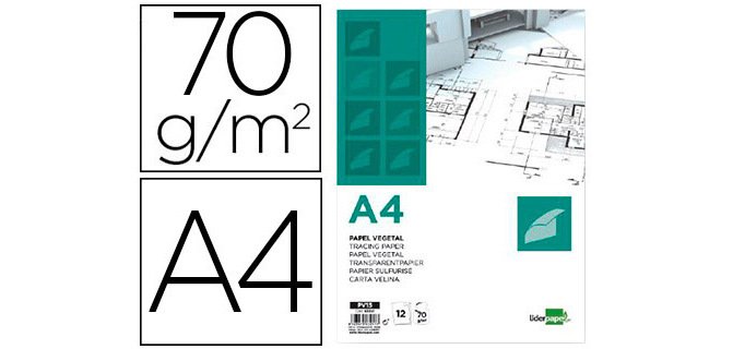 Papel vegetal liderpapel a4 70gr 210x297mm sobre de 12 hojas
