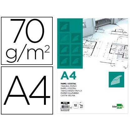 Papel vegetal liderpapel a4 70gr 210x297mm sobre de 12 hojas