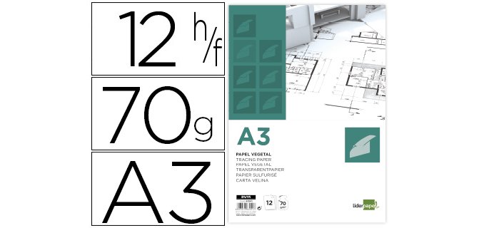 Papel vegetal liderpapel a3 70gr 297x420mm sobre de 12 hojas