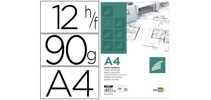 Papel vegetal liderpapel a4 90gr 210x297mm sobre de 12 hojas