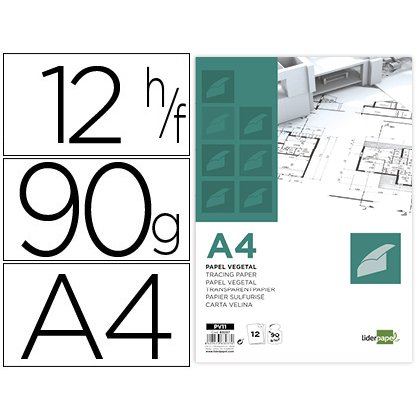 Papel vegetal liderpapel a4 90gr 210x297mm sobre de 12 hojas