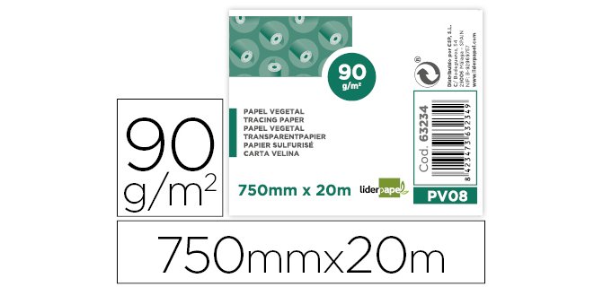 Papel vegetal liderpapel 750mmx20m 90gr rollo rollo