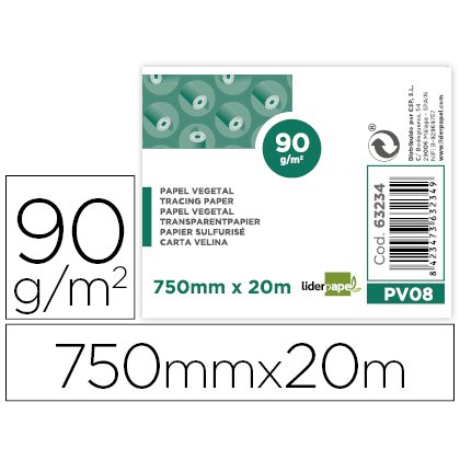 Papel vegetal liderpapel 750mmx20m 90gr rollo rollo