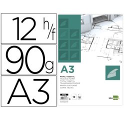 Papel dibujo liderpapel a3 297x420mm 90g/m2 vegetal sobre de 12 hojas