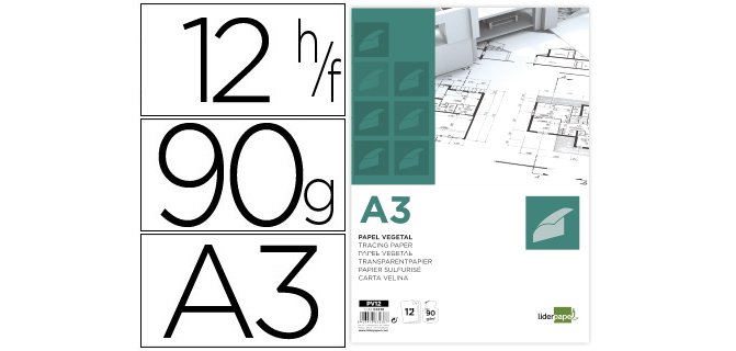 Papel vegetal liderpapel a3 90gr 297x420mm sobre de 12 hojas