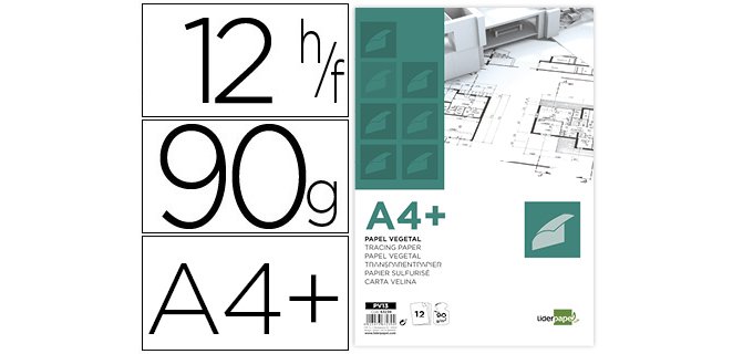 Papel vegetal liderpapel a4+ 90 gr 240x320mm sobre de 12 hojas